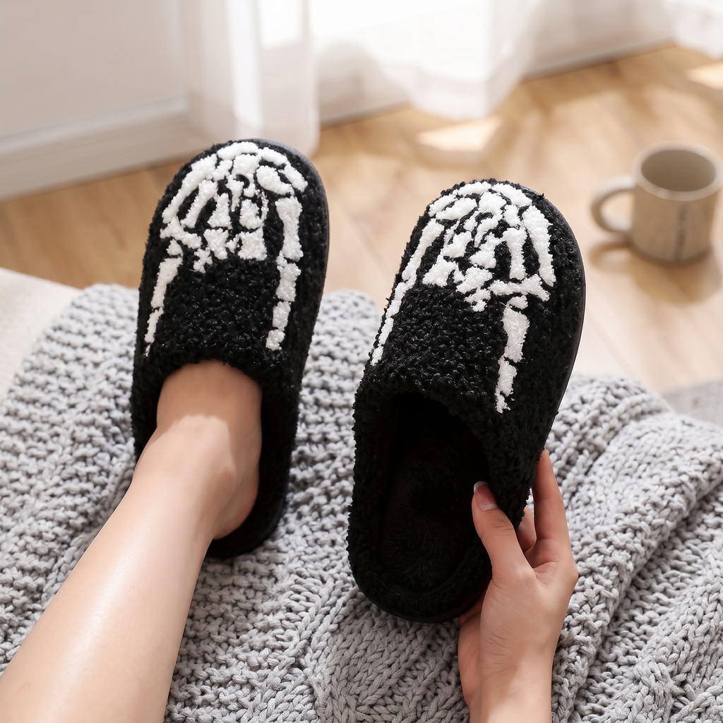 Close up of the skeleton skull plush slipper design