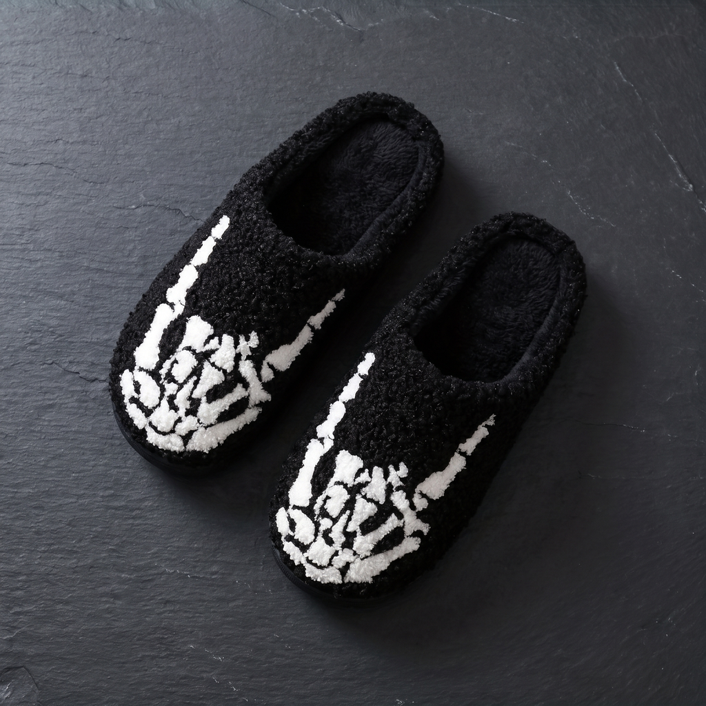 Flat lay of the pair of skull plush slippers
