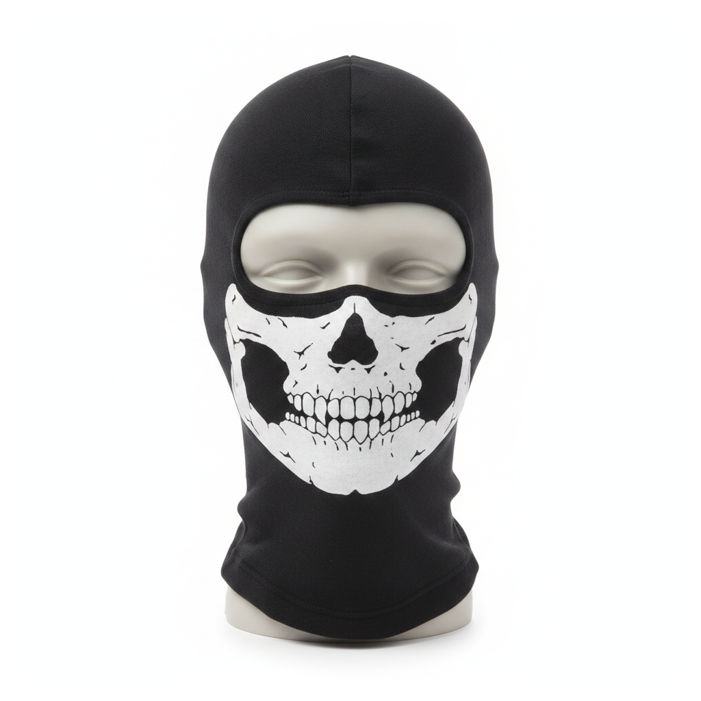 Skull balaclava face mask with full-face ghost skull print on a white background