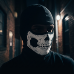 Skull balaclava mask worn in a dark moody setting
