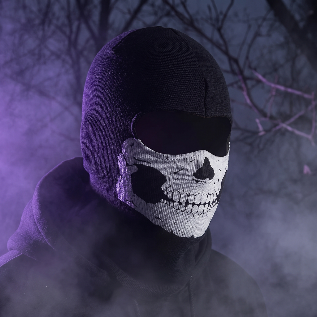 Full-face skull balaclava mask worn in a foggy night scene