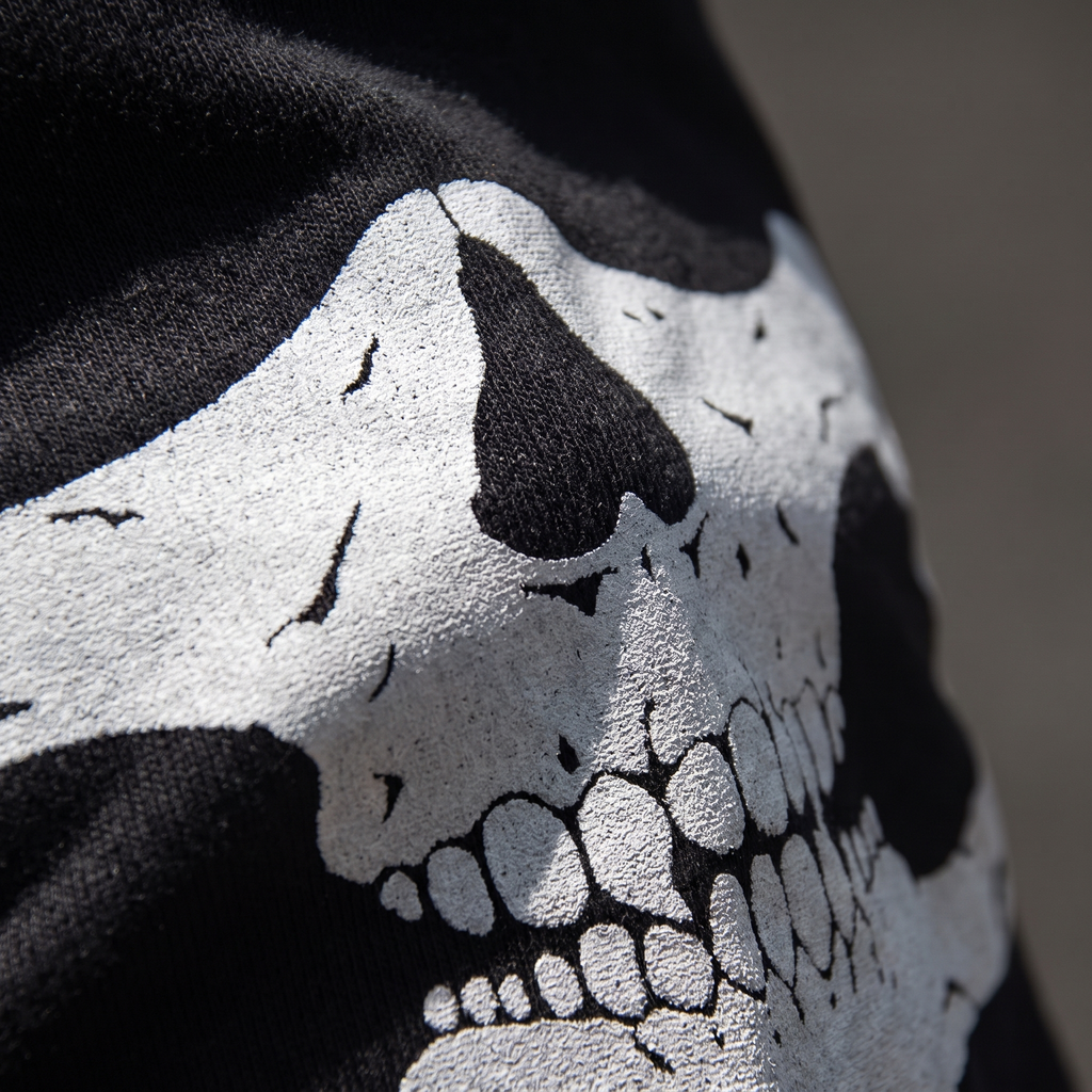 Close-up of the ghost skull print detail on the balaclava