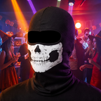 Skull balaclava mask worn at a Halloween party under colored lighting