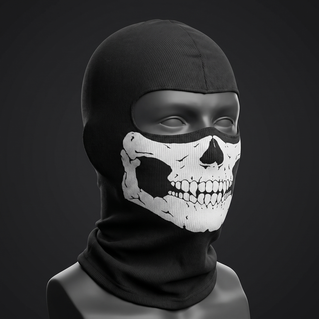 Skull balaclava ghost face mask displayed on a mannequin head
