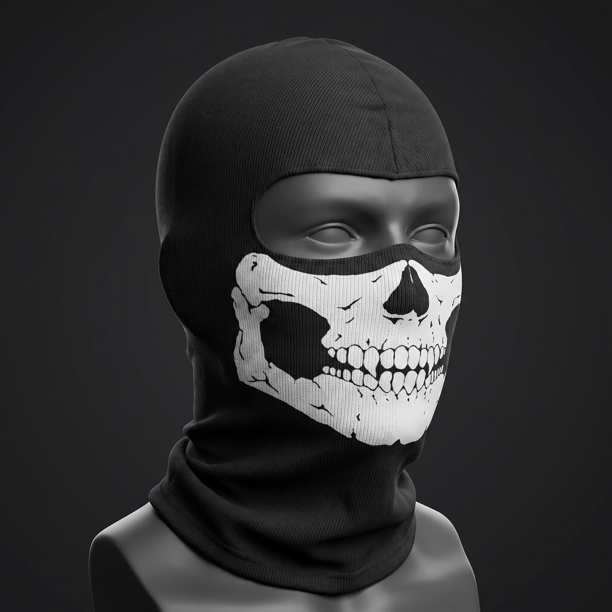 Skull balaclava ghost face mask displayed on a mannequin head