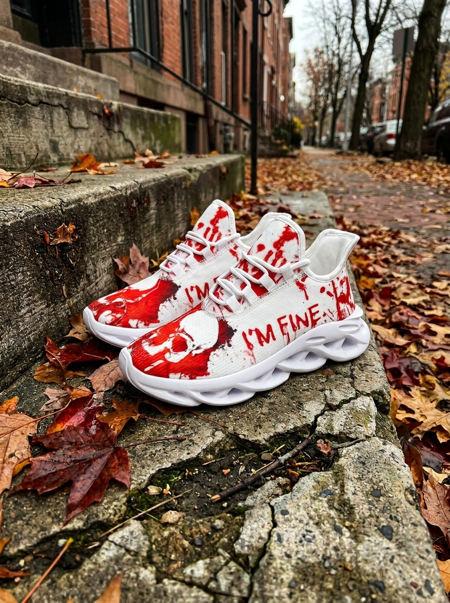 Skull sneakers on concrete steps in fall