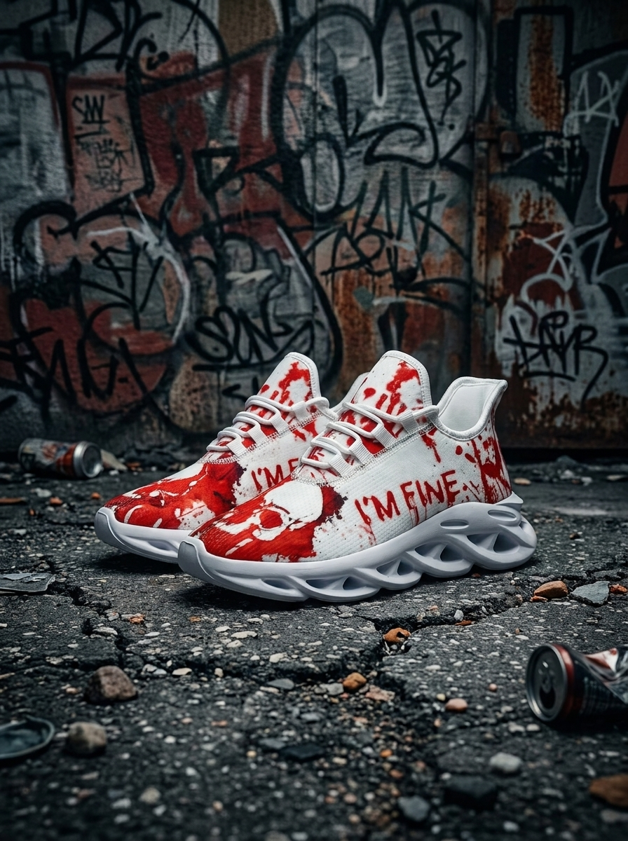 Skull sneakers beside a graffiti wall