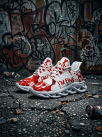 Skull sneakers beside a graffiti wall