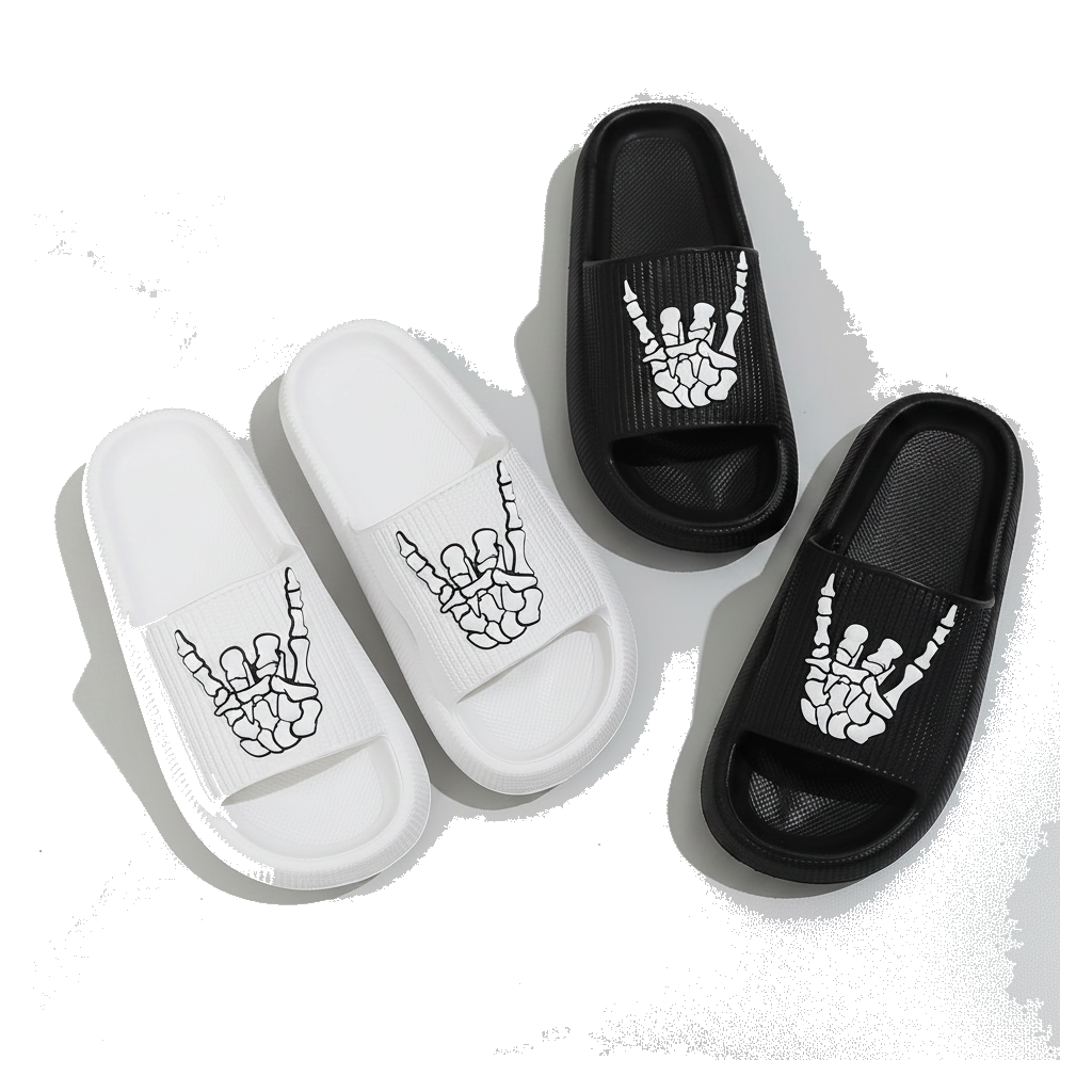 Skull hand print slide sandals on a white background