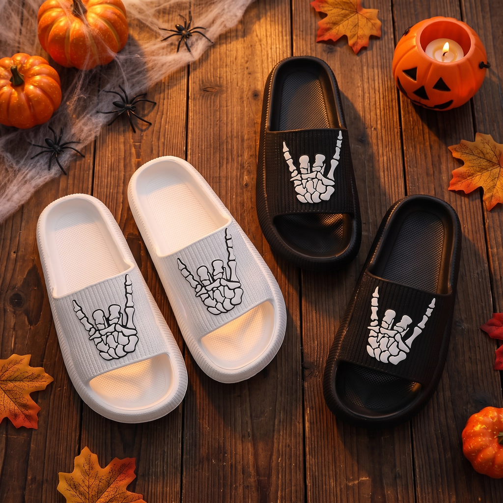 Skull hand slides styled on a floor with Halloween decor