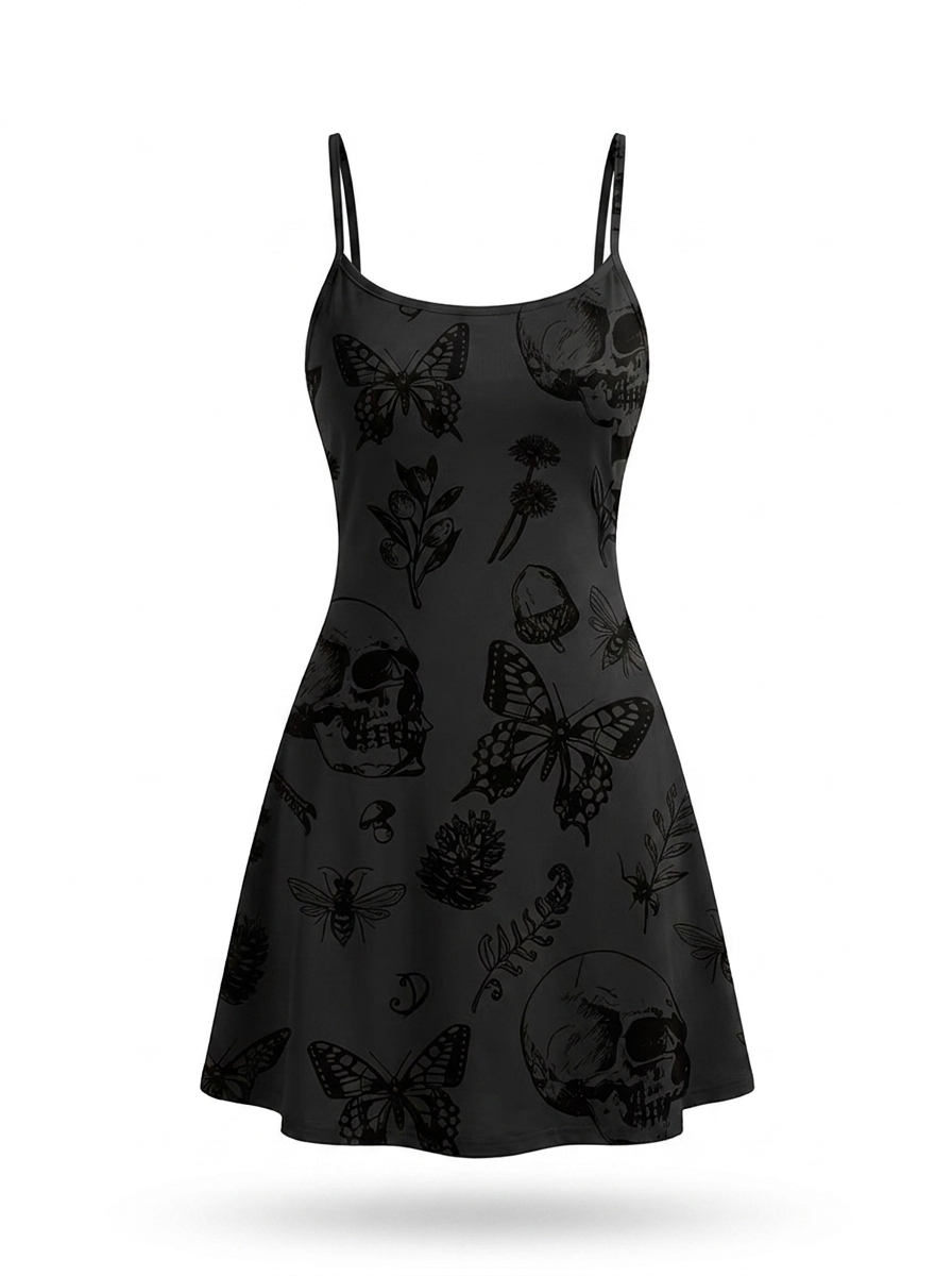 Skull print cami slip dress on a white background