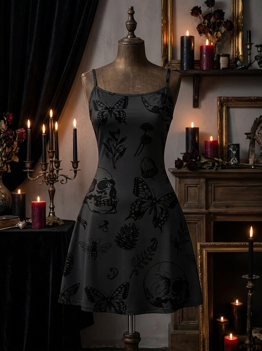 Skull print cami slip dress on a dress form