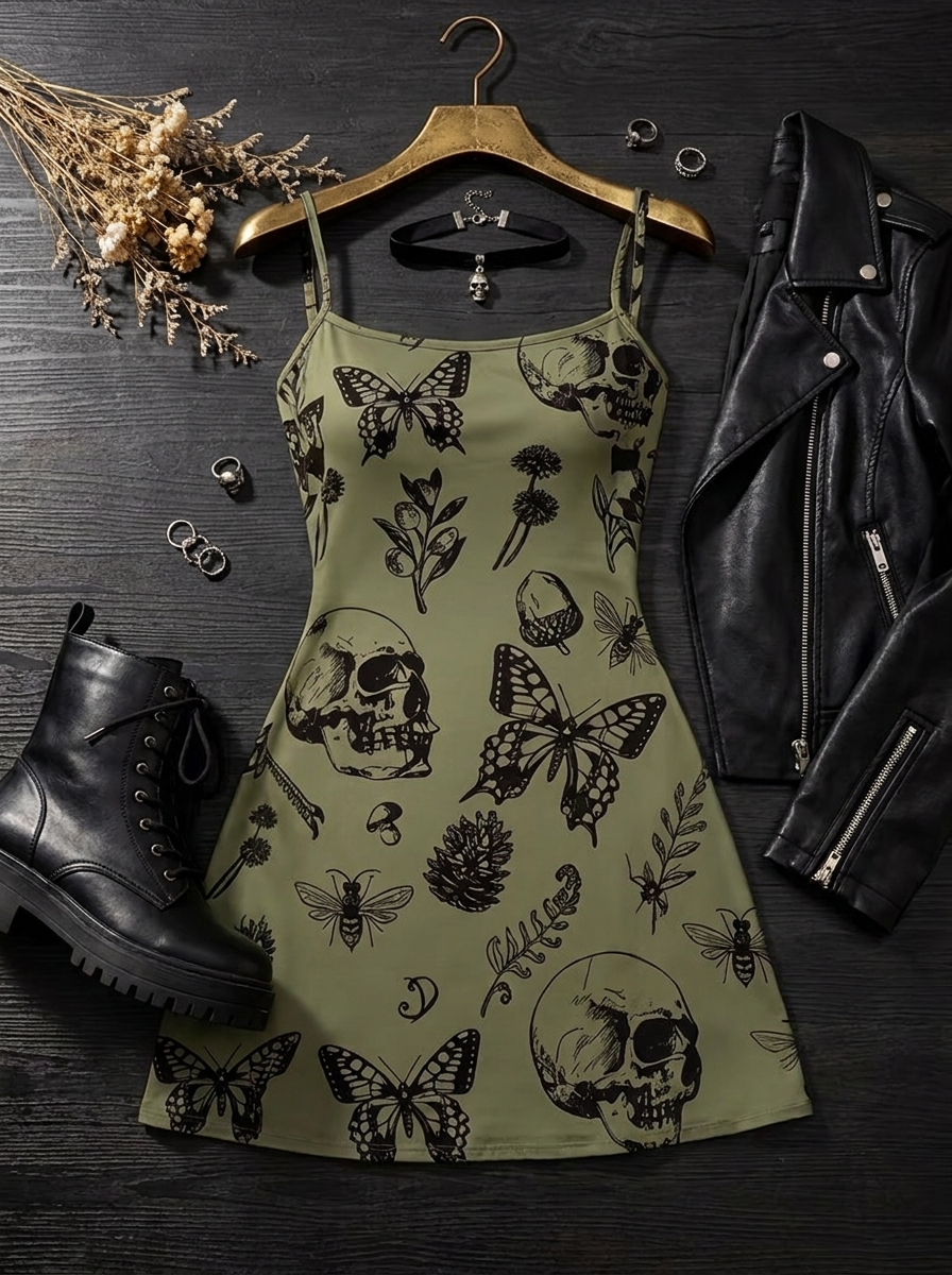Skull print cami slip dress styled flat lay