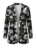 Skull print open front cardigan on a white background
