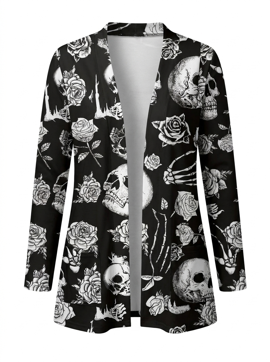 Skull print open front cardigan on a white background