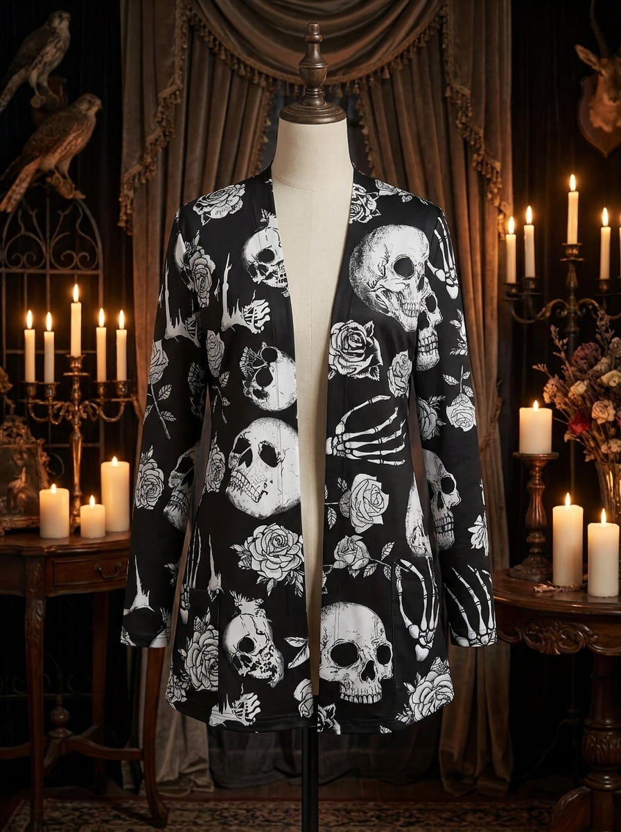 Skull print open front cardigan on a dress form