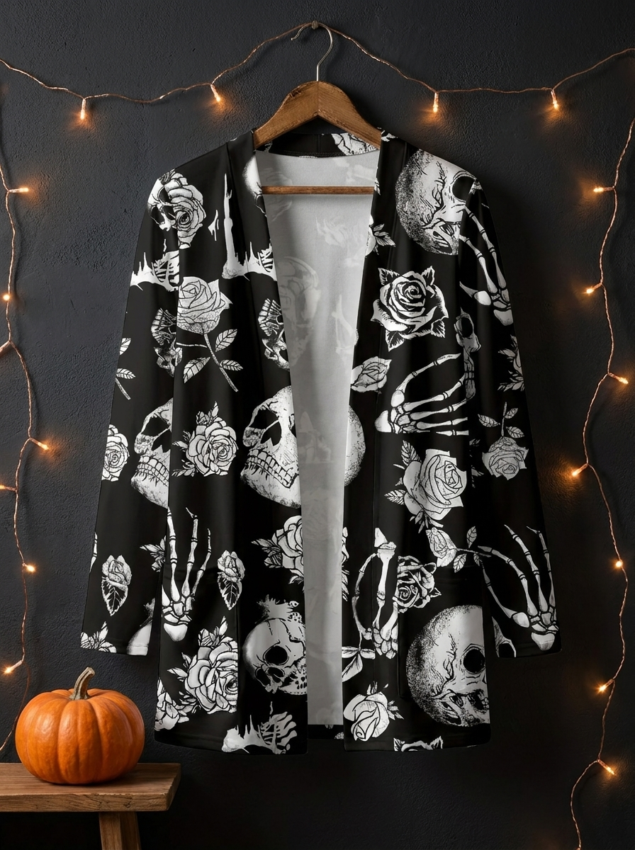 Skull print open front cardigan on a hanger