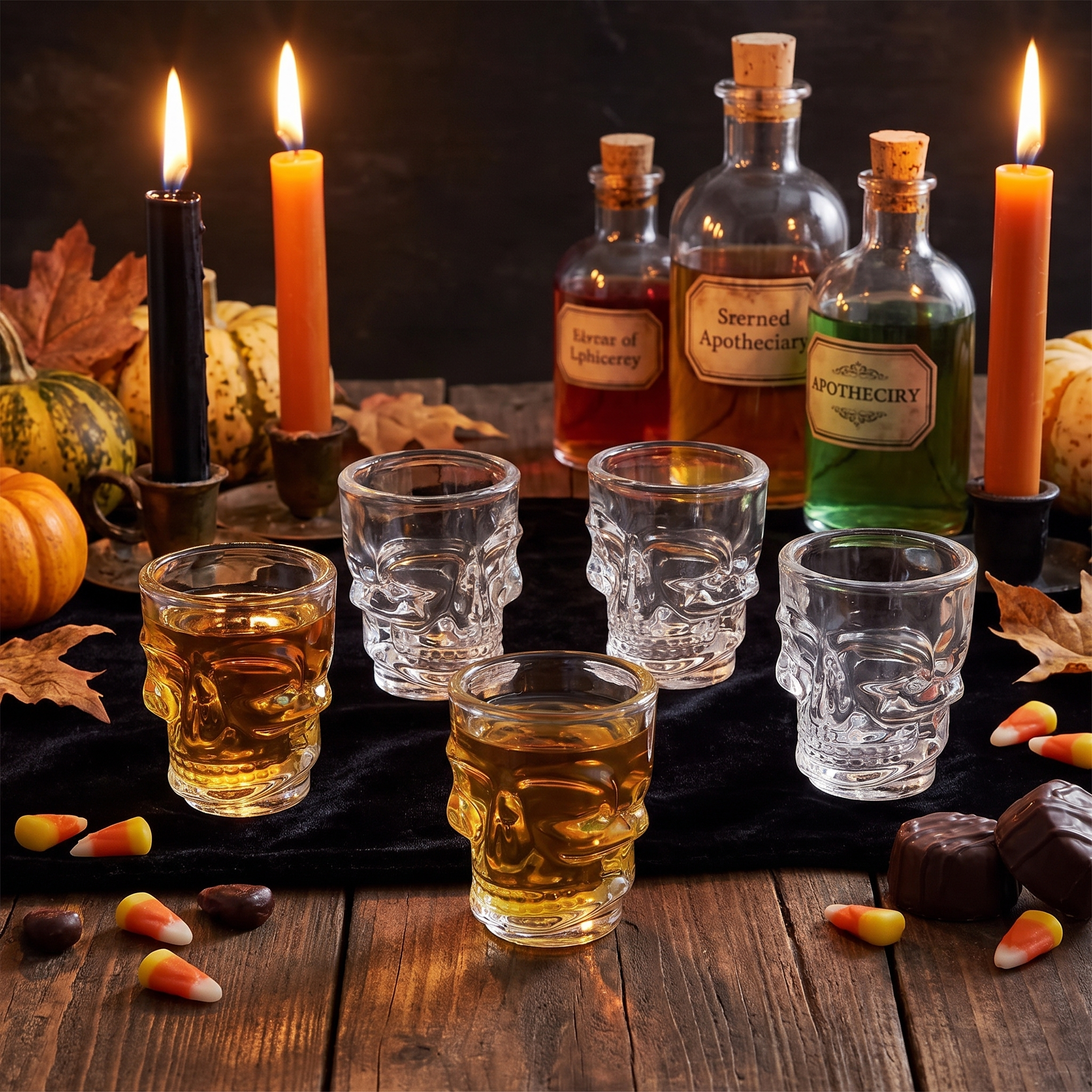 Skull shot glasses styled on a Halloween party bar