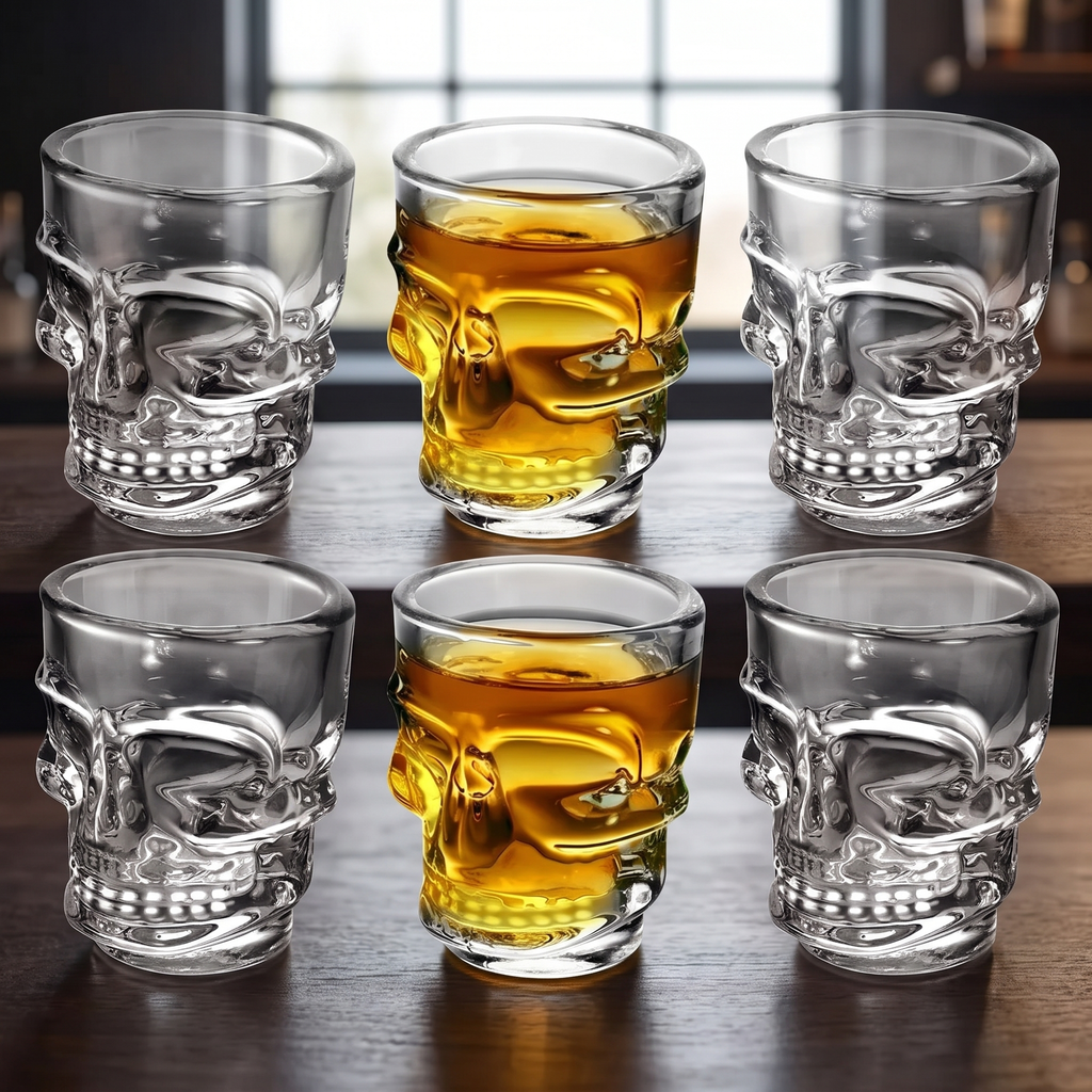 Close up of a clear skull shot glass catching the light