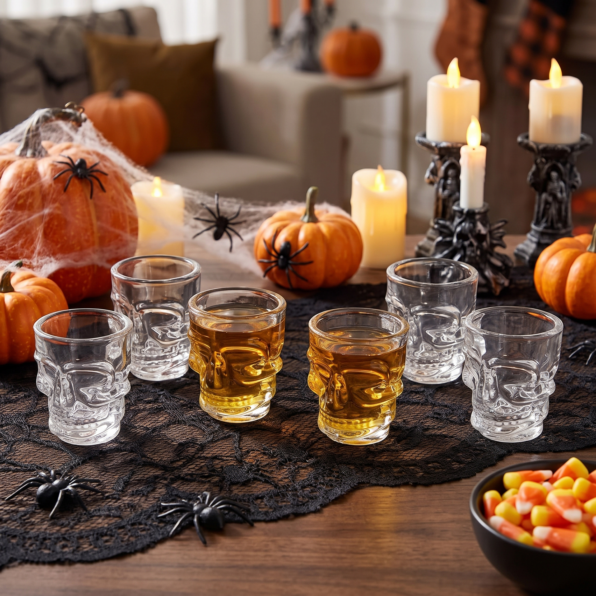 Skull shot glasses displayed with Halloween decorations