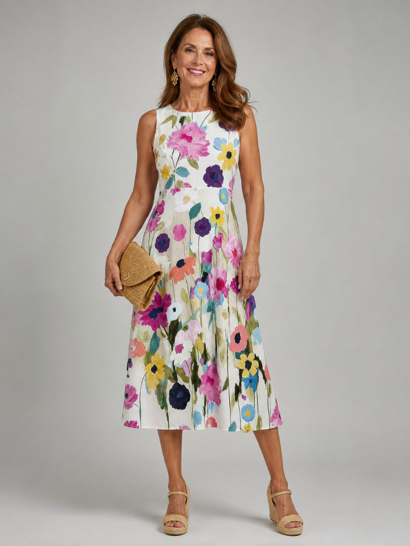 Sleeveless floral print midi dress, front view