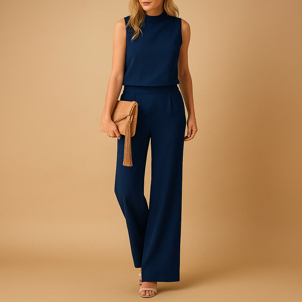 Sleeveless wide-leg jumpsuit in blue, front view