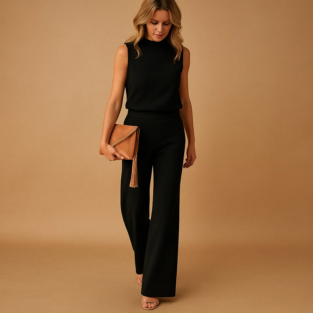 Sleeveless wide-leg jumpsuit in black, front view