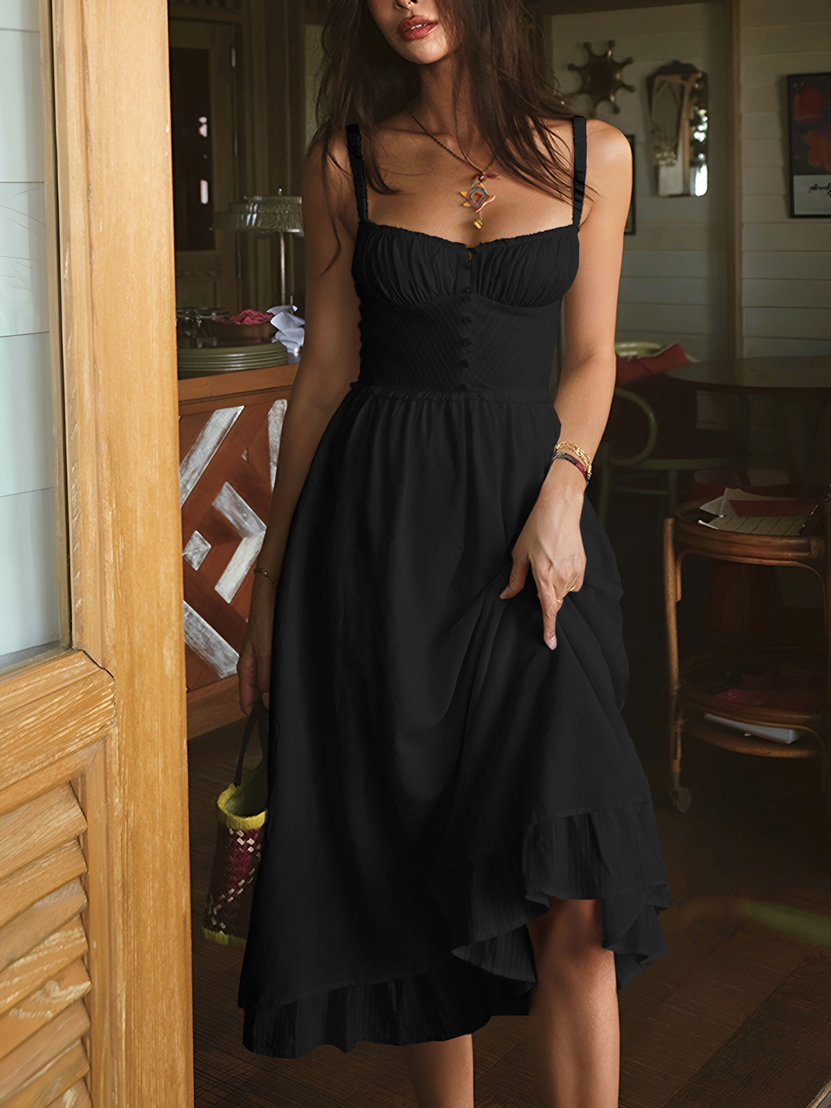 Black smocked bodice midi dress with adjustable straps, front view