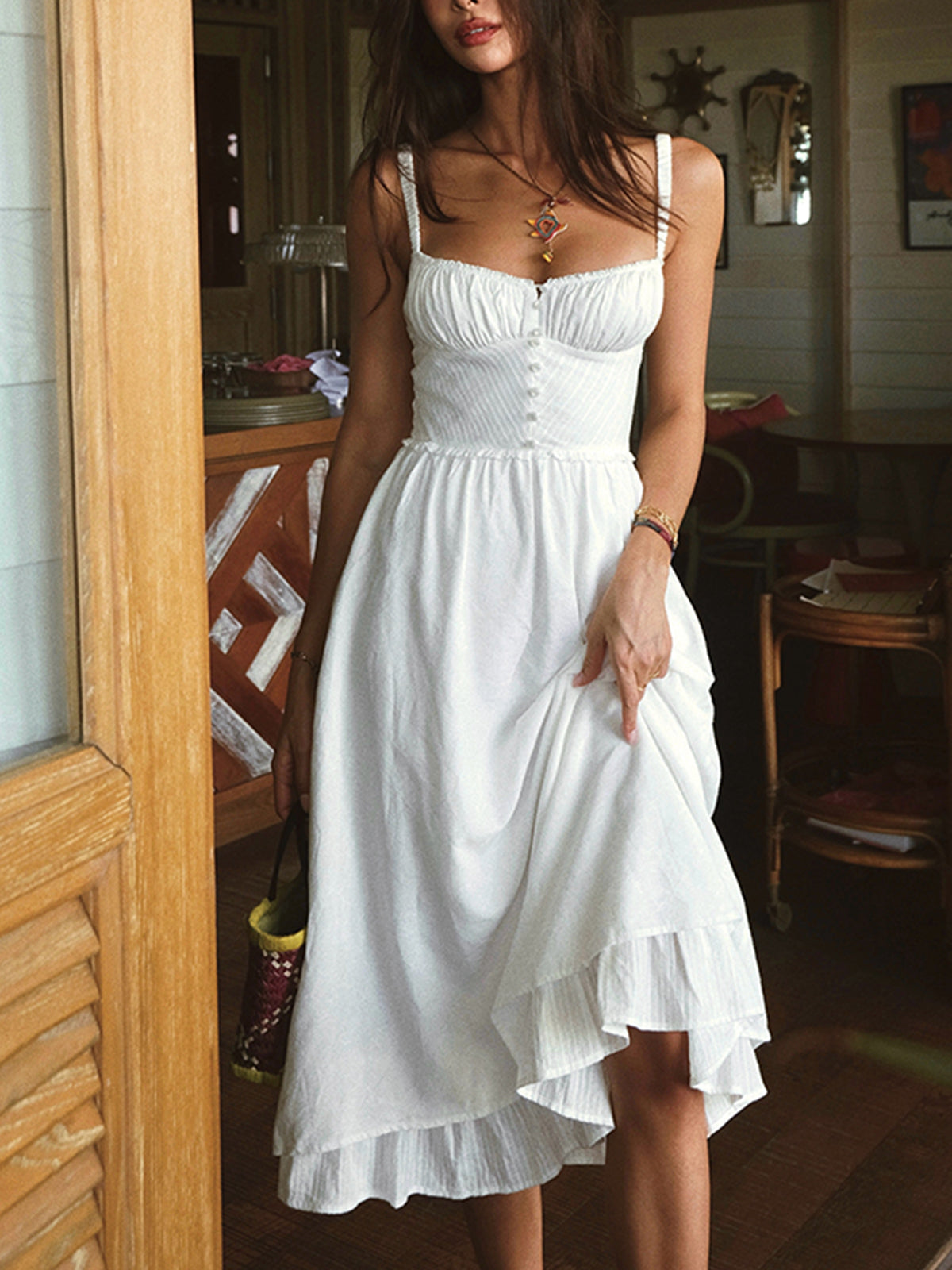 Back view of the smocked bodice midi dress