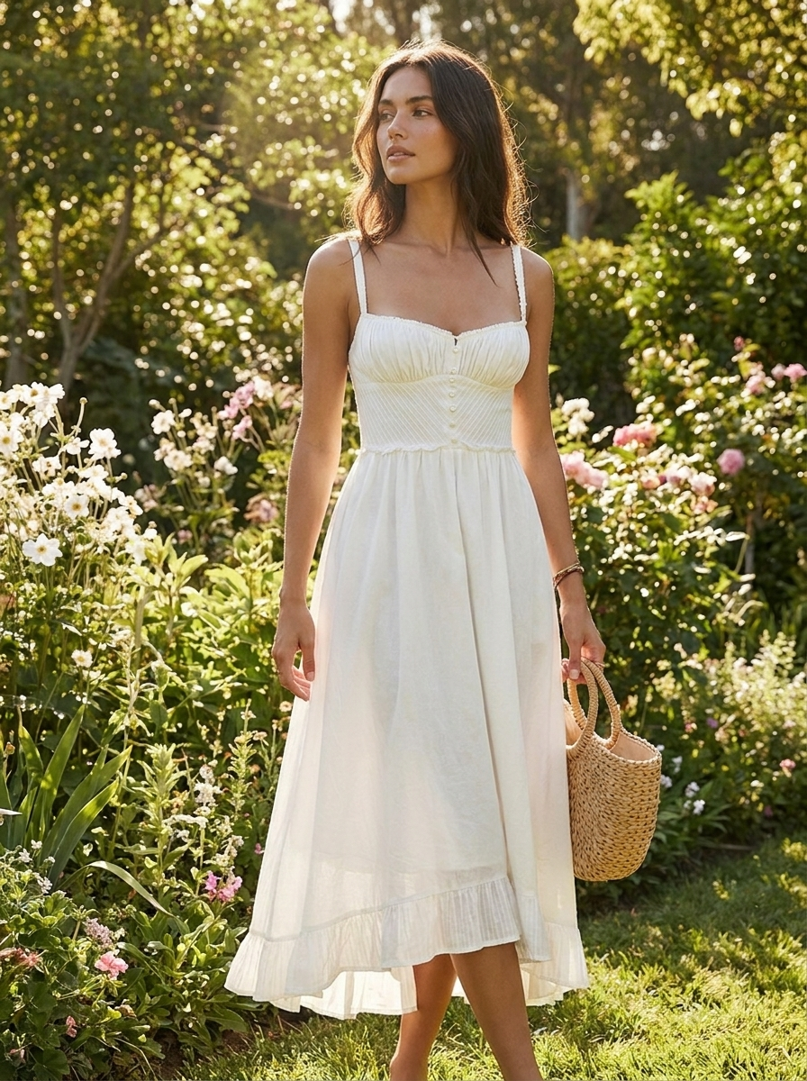Smocked bodice midi dress with adjustable straps worn in a garden