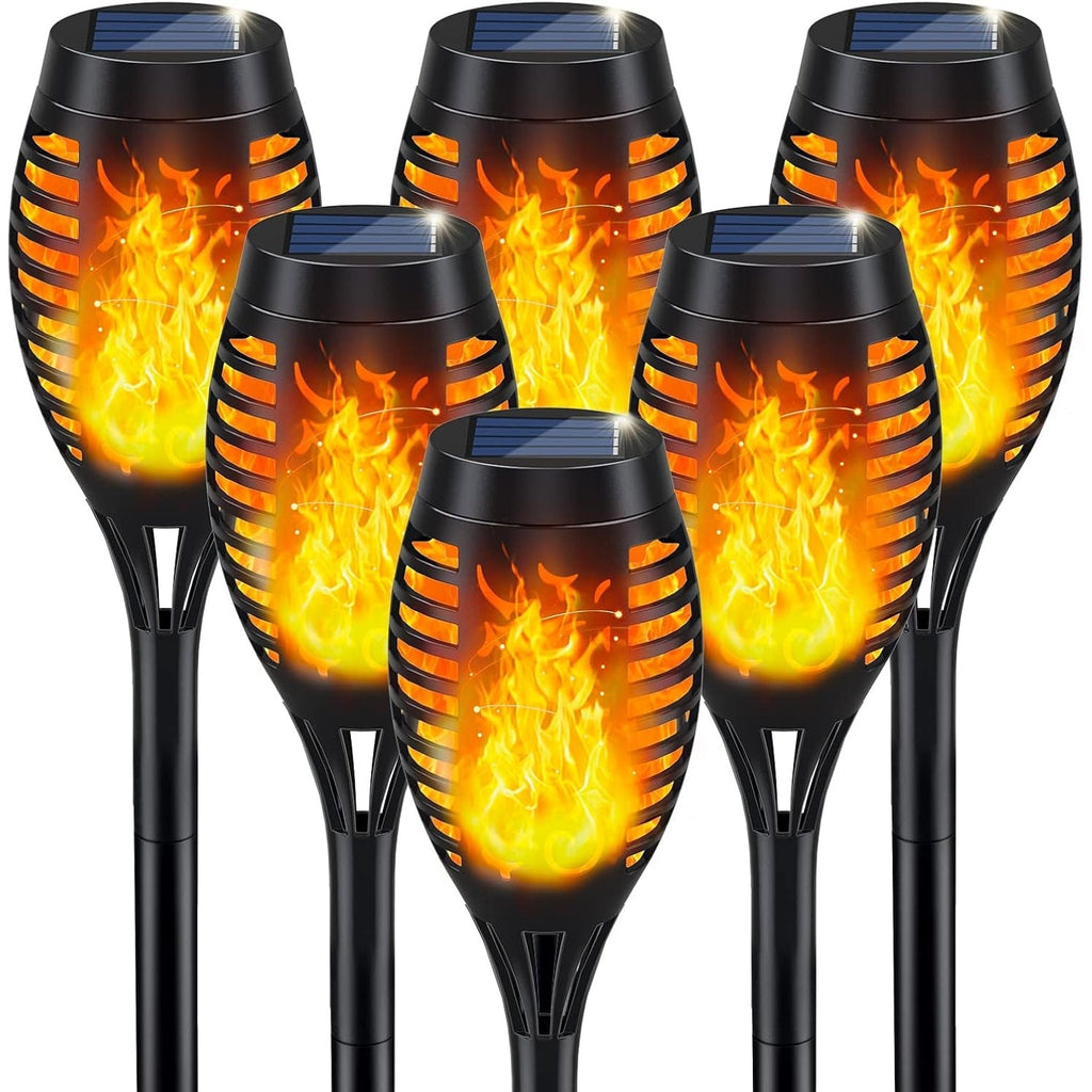 Six solar flame torch lights with a flickering flame effect