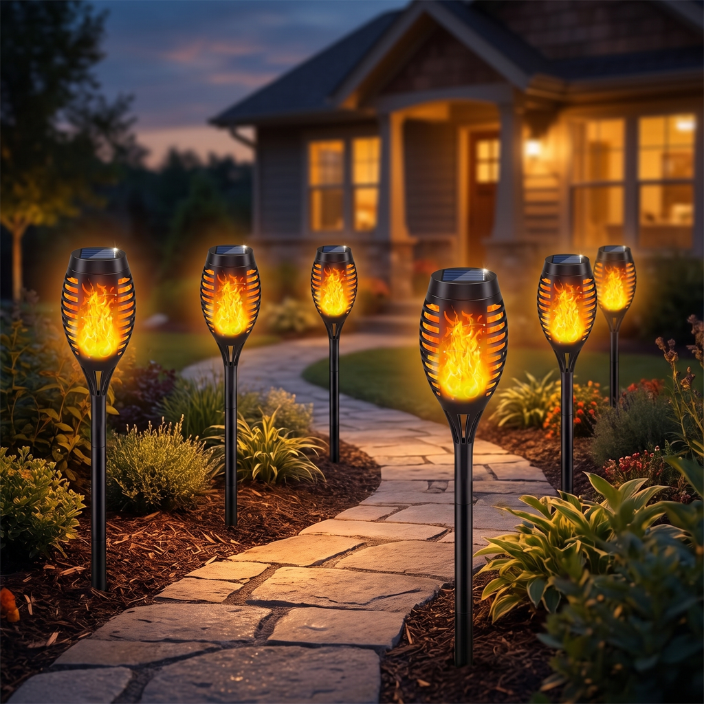 Solar flame torches lining a garden walkway at dusk