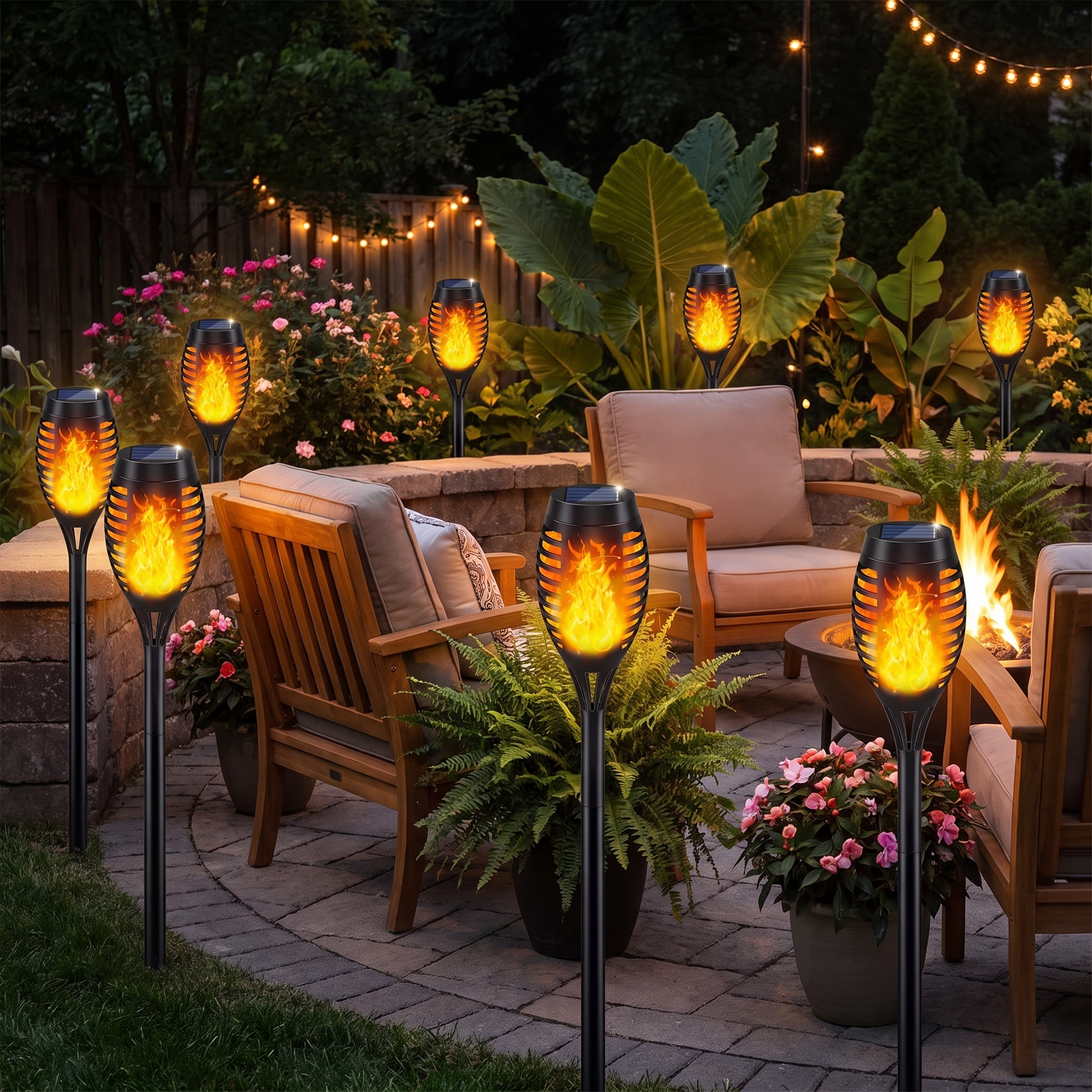 Solar flame torch lights around a backyard patio at night
