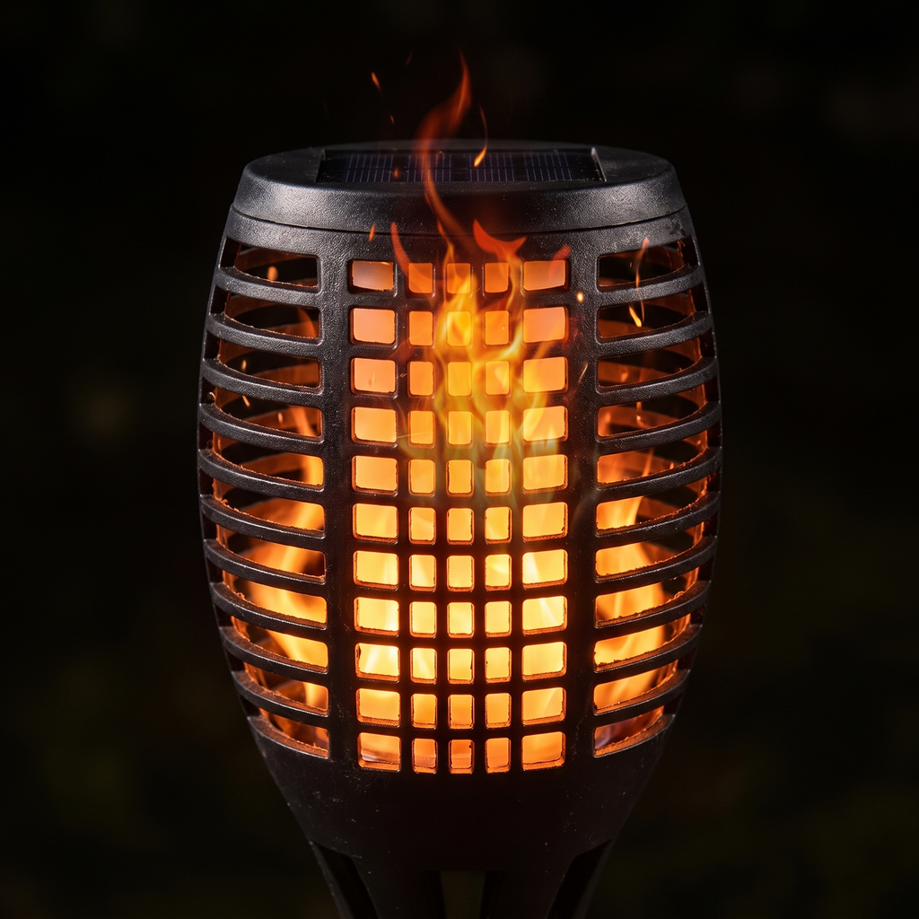 Close-up of the dancing flame effect on a solar torch light