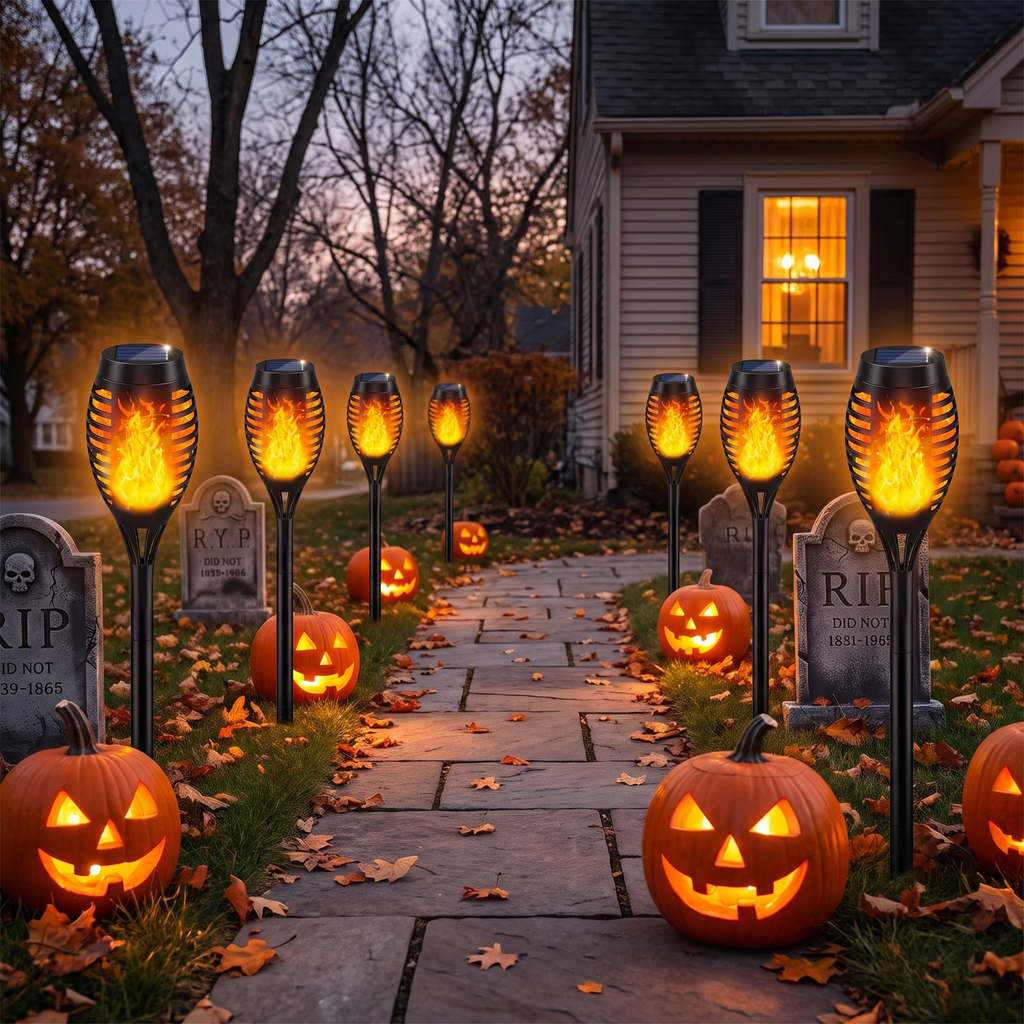 Solar flame torches lining a Halloween walkway with pumpkins
