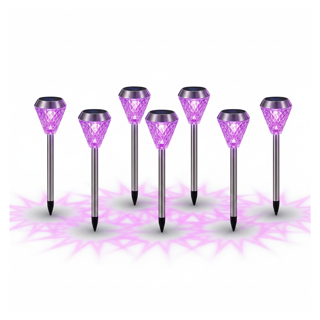 Purple LED diamond solar pathway stake lights on a plain white background