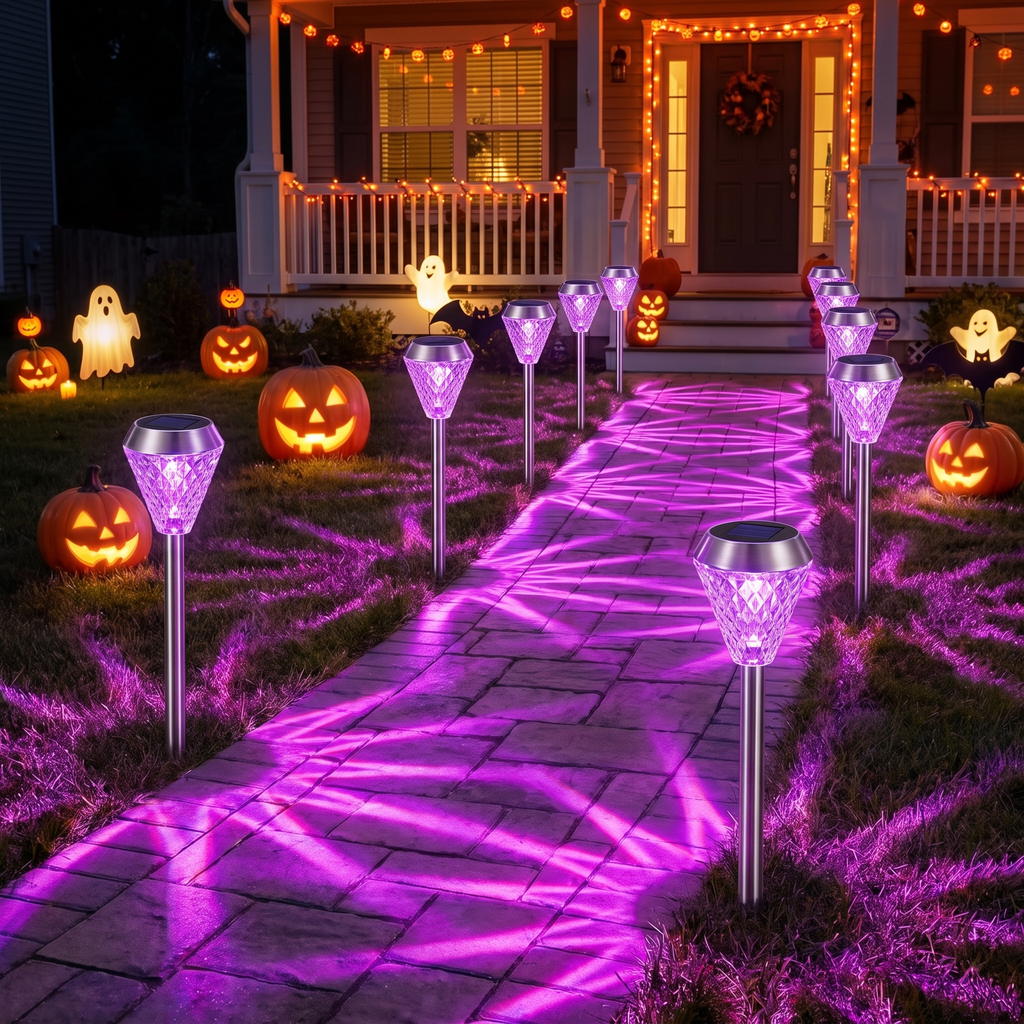 Purple solar stake lights glowing along a front walkway at night