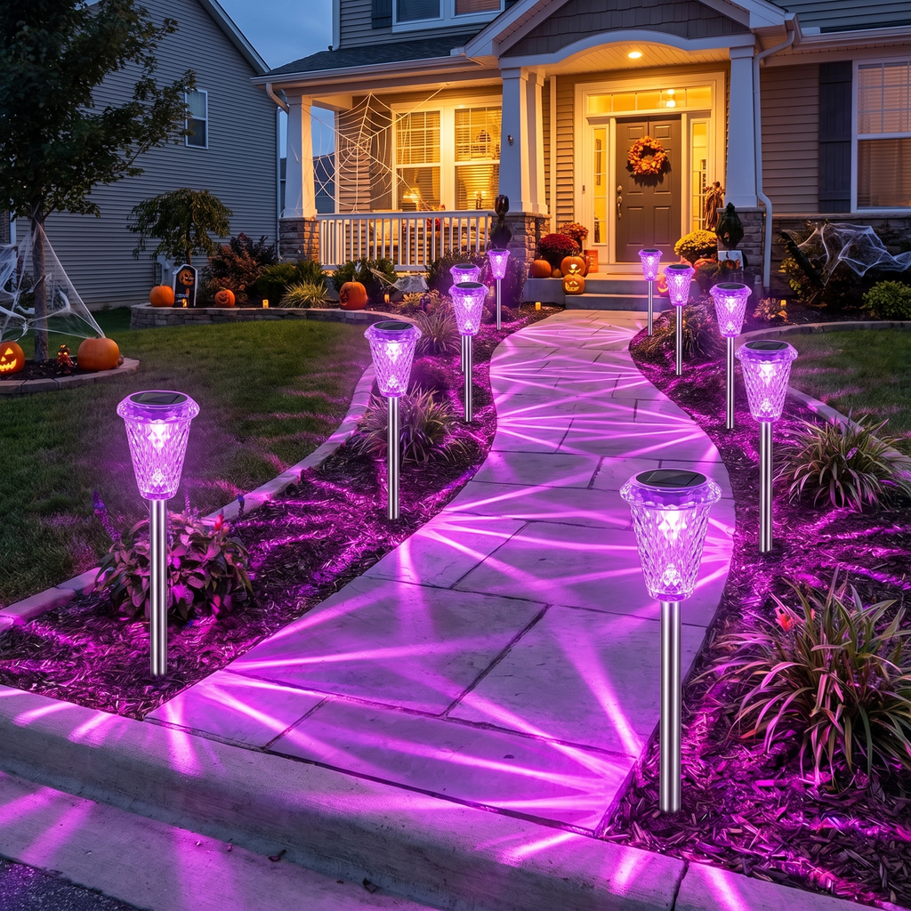 Purple solar pathway lights lining a path to a decorated house at dusk