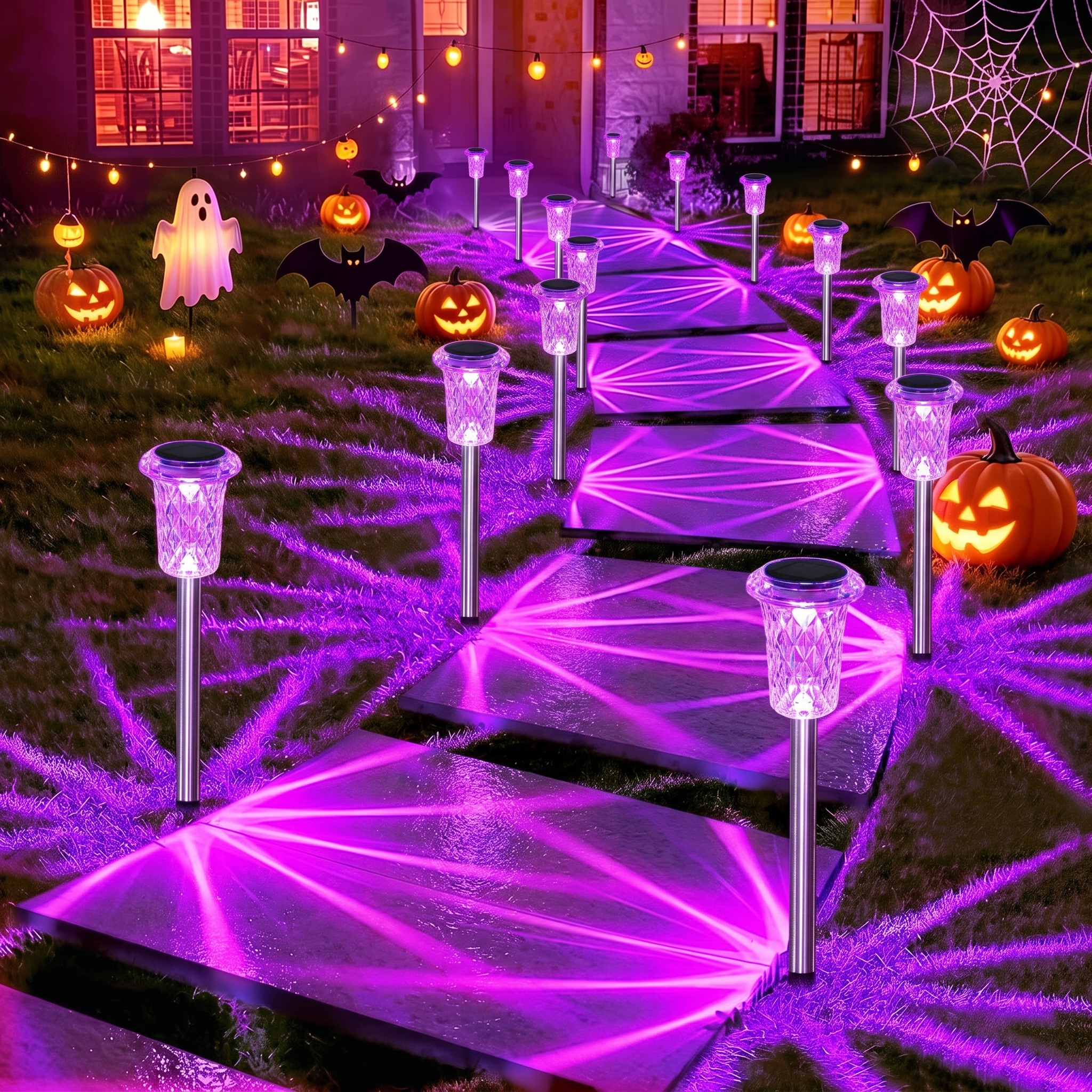Purple solar pathway lights along a walkway lined with glowing pumpkins