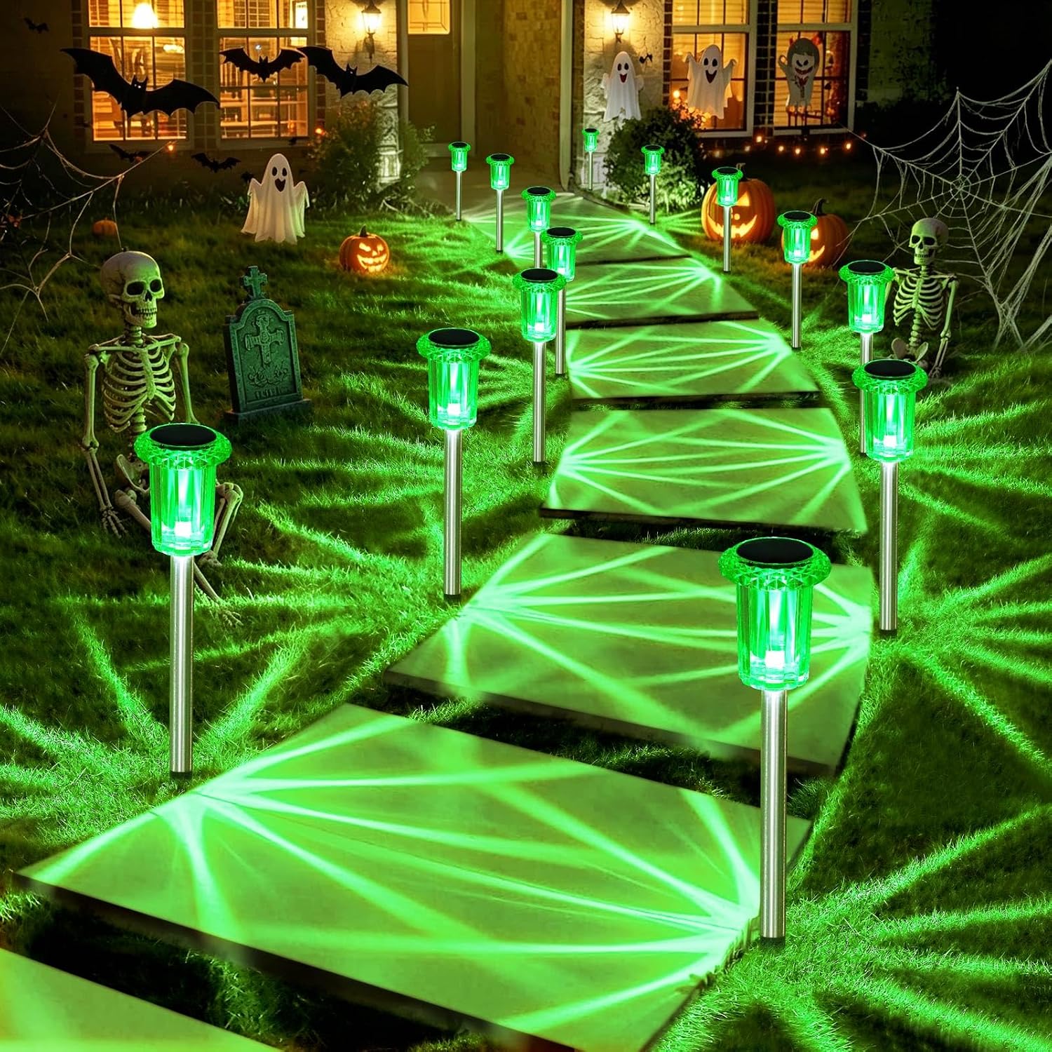 Green 10 pack of LED diamond solar stake lights