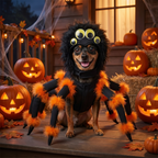 Dog wearing a plush spider costume on a Halloween porch
