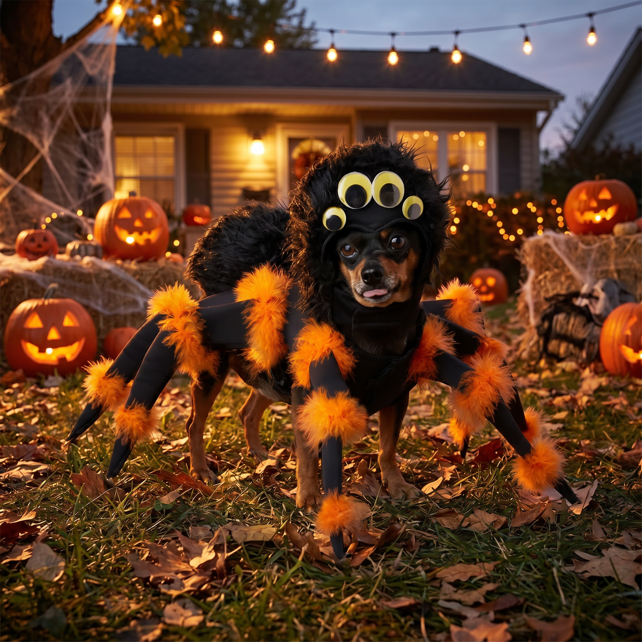 Dog wearing a plush spider costume in a Halloween yard