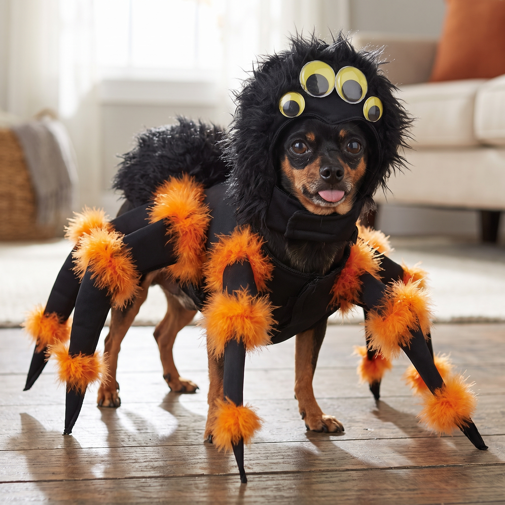 Close up of the plush spider dog costume