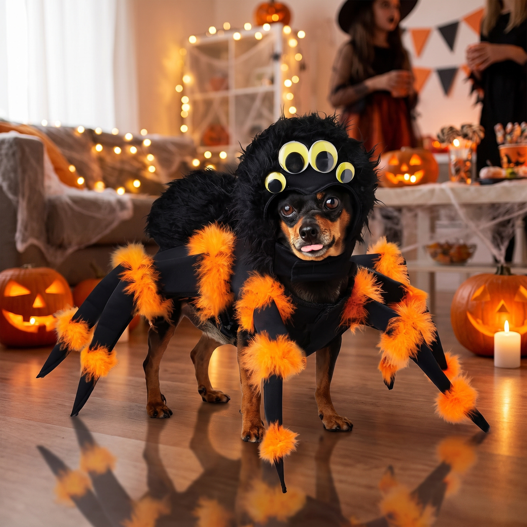 Dog in a spider costume at a Halloween party
