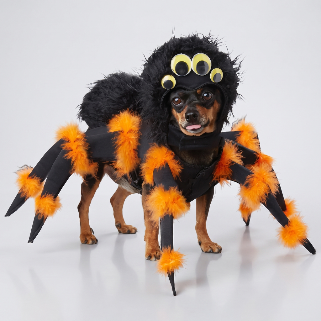 Plush spider dog costume shown on a happy dog