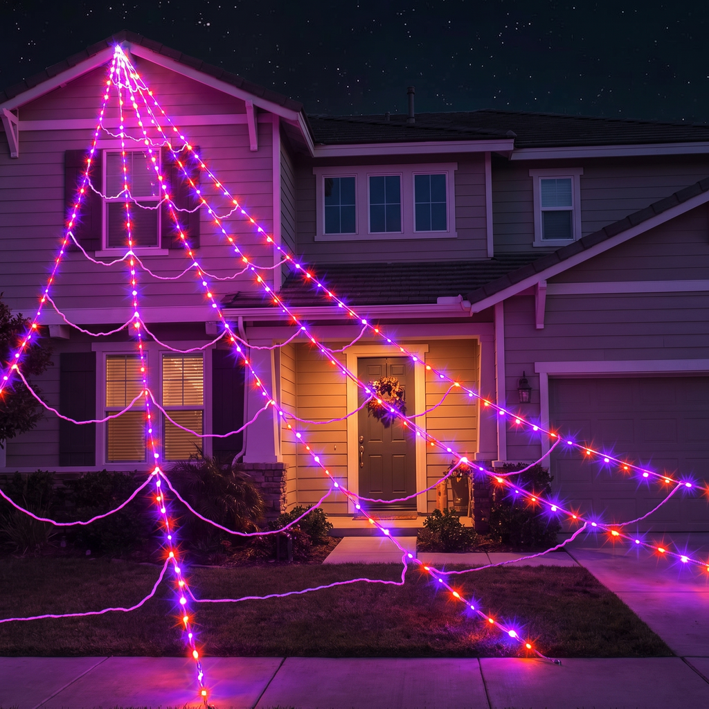 Spider web lights glowing purple and orange across a house front at night