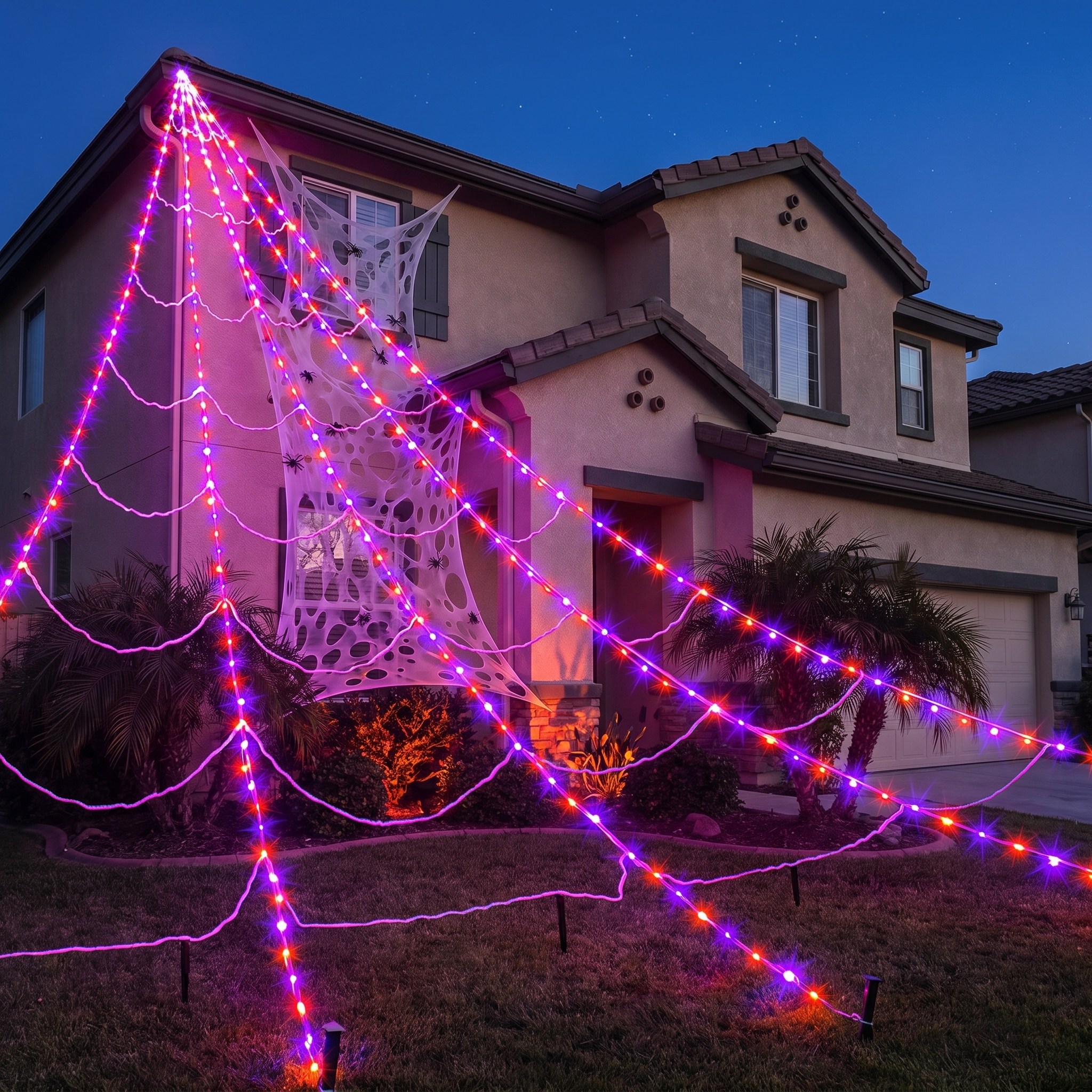 Giant light-up spider web stretched over a front yard at dusk