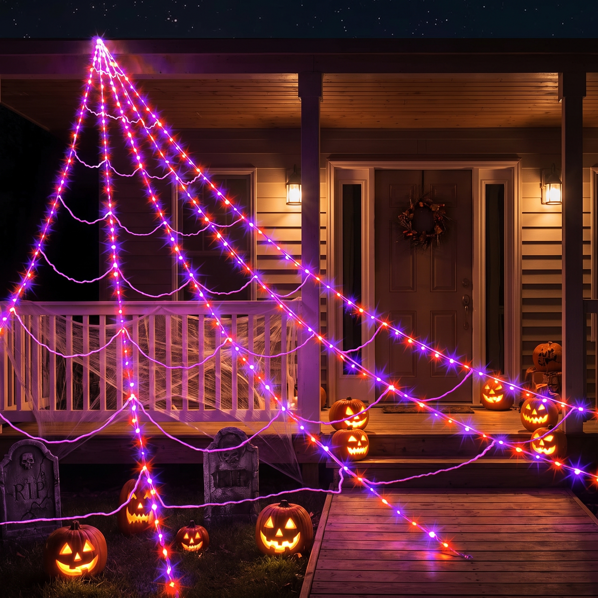 Spider web lights hung over a porch railing with pumpkins at night