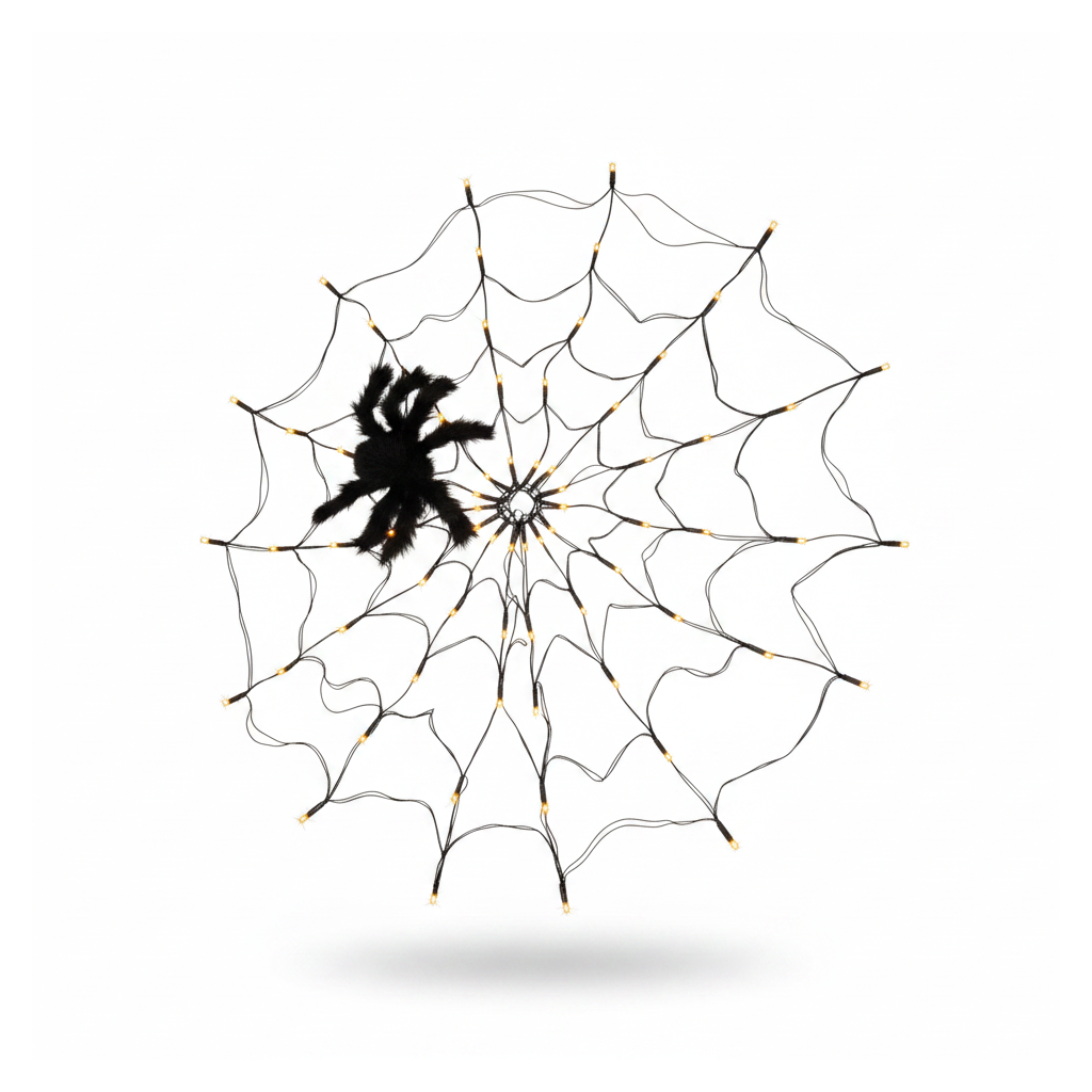 4 ft light-up Halloween spider web with a black spider on a white background