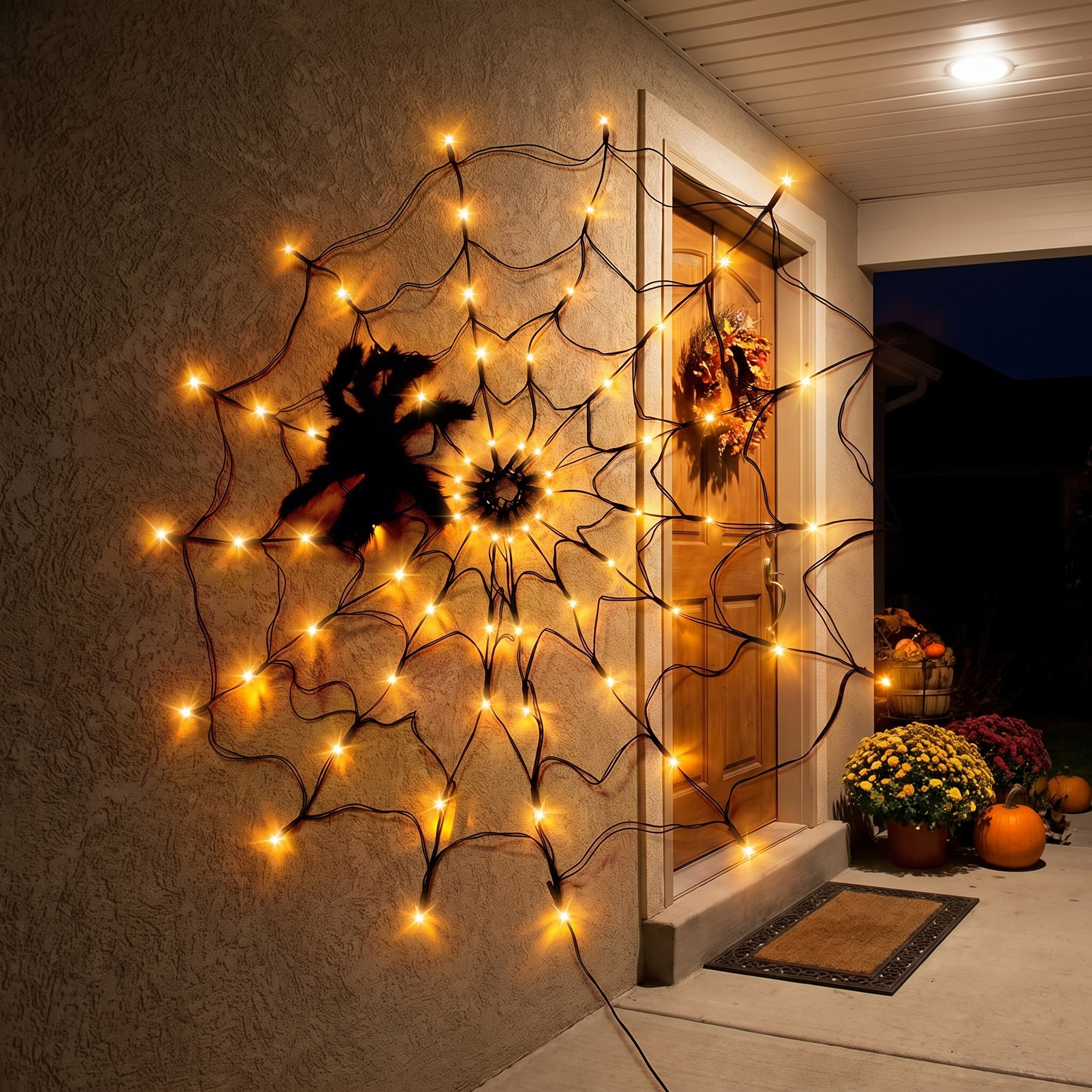 4 ft Halloween spider web with black spider glowing beside a front door at night